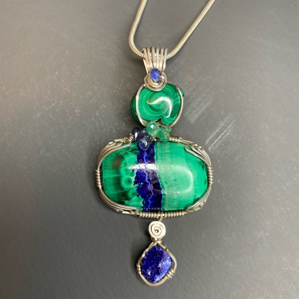 AZURITE MALACHITE STERLING SILVER NECKLACE 17” BLUE GREEN